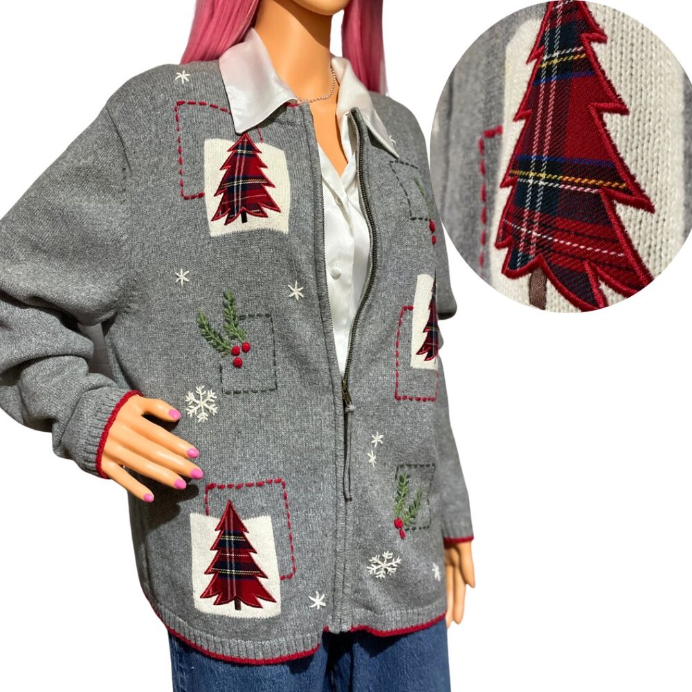 Vintage Southern Lady Christmas Knit Cardigan Sweater Gray Zip Front Large